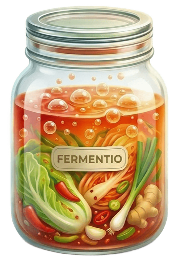 Fermentio app — a jar of fermented vegetables surrounded by fresh ingredients